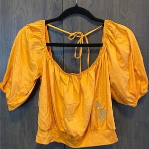 Baby Phat Orange Puff Sleeve Rhinestone Cat Logo Tie Back Top Y2K Large